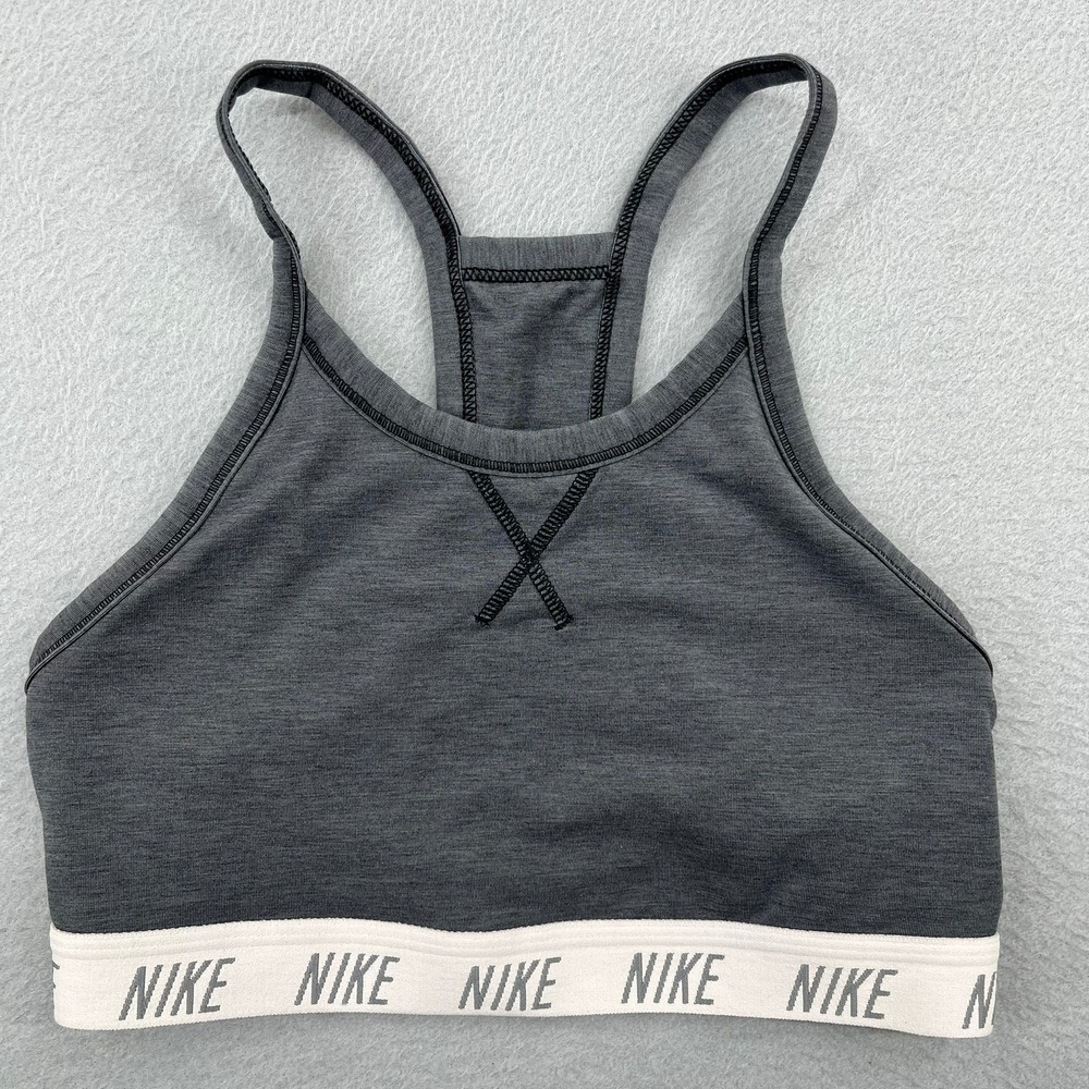 Nike Womens Racerback Sports Bra Heather Charcoal Grey Logo Band Small‎